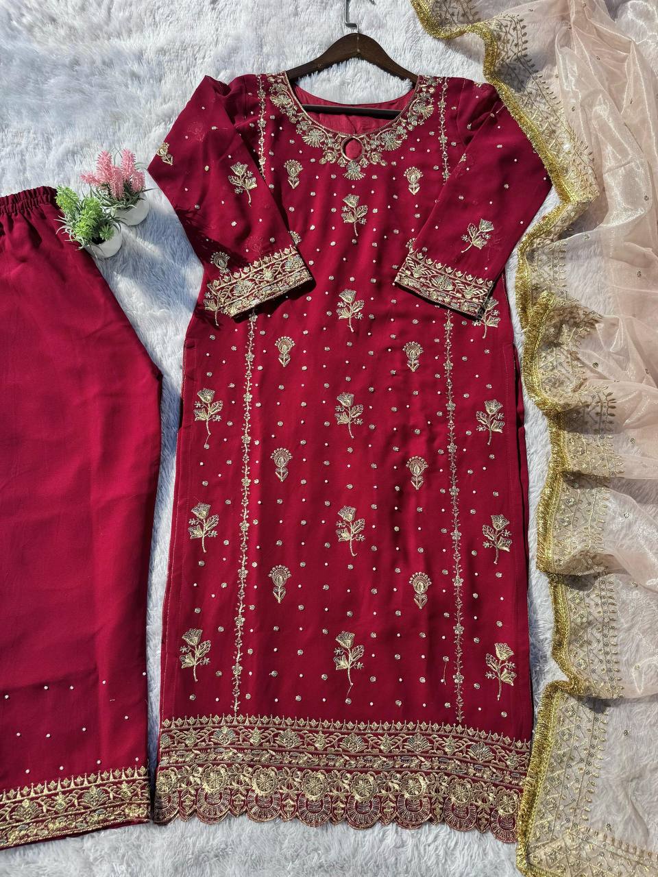 FANCY FAUX GEORGETTE WITH SEQUENCE EMBROIDERED AND ORIGINAL MOTTI HANDMADE WORK TOP AND PENT WITH DUPATTA