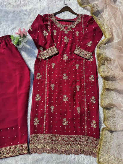 FANCY FAUX GEORGETTE WITH SEQUENCE EMBROIDERED AND ORIGINAL MOTTI HANDMADE WORK TOP AND PENT WITH DUPATTA