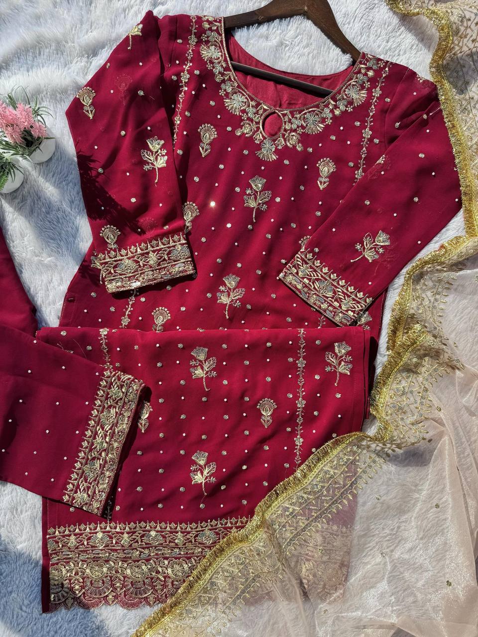 FANCY FAUX GEORGETTE WITH SEQUENCE EMBROIDERED AND ORIGINAL MOTTI HANDMADE WORK TOP AND PENT WITH DUPATTA