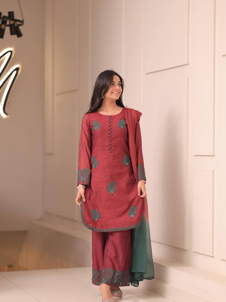 Designer Collection In French Crep Silk Top-Bottom And Dupatta Set Fully Stitched Ready To Wear