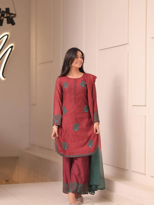 Designer Collection In French Crep Silk Top-Bottom And Dupatta Set Fully Stitched Ready To Wear