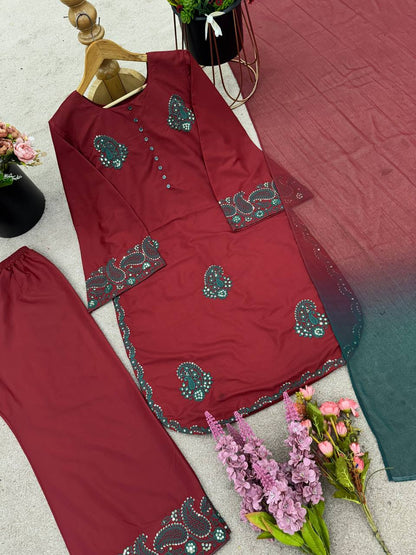 Designer Collection In French Crep Silk Top-Bottom And Dupatta Set Fully Stitched Ready To Wear