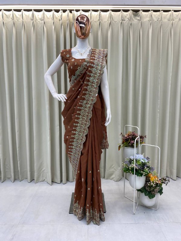 DESIGNER BRIDEMADE HEAVY COTTON THREADS SEQUENCE EMBROIDERY CUT WORK SAREE WITH WORK BLOUSE LAUNCHED