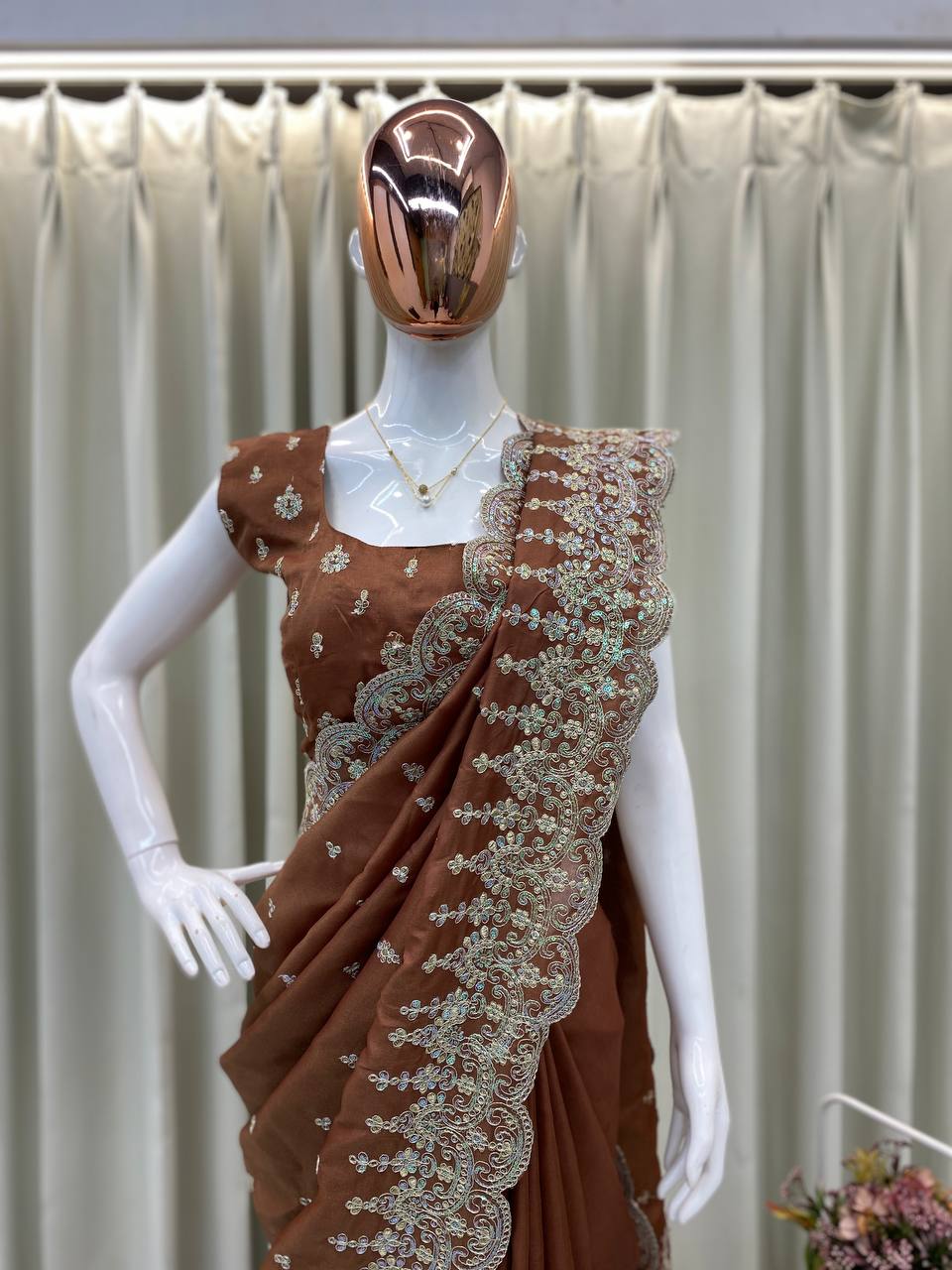 DESIGNER BRIDEMADE HEAVY COTTON THREADS SEQUENCE EMBROIDERY CUT WORK SAREE WITH WORK BLOUSE LAUNCHED