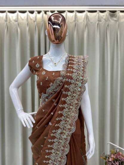 DESIGNER BRIDEMADE HEAVY COTTON THREADS SEQUENCE EMBROIDERY CUT WORK SAREE WITH WORK BLOUSE LAUNCHED