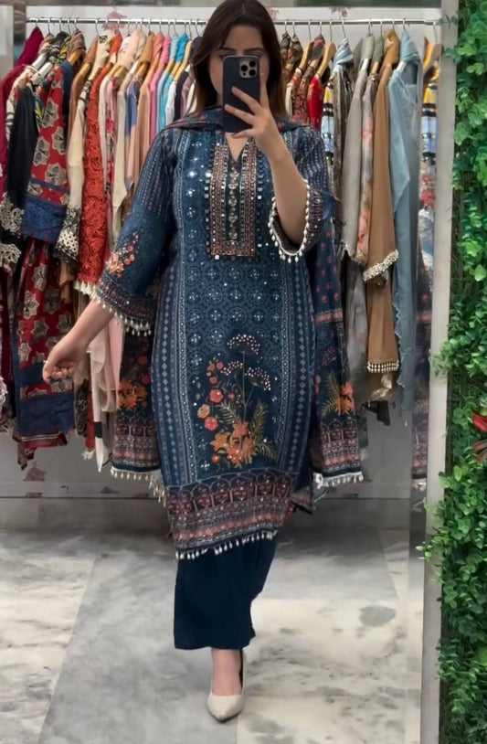 DESIGNER WEAR PRINTED TOP WITH PANT PAIR IN REAL MIRROR AND DIAMOND WORK