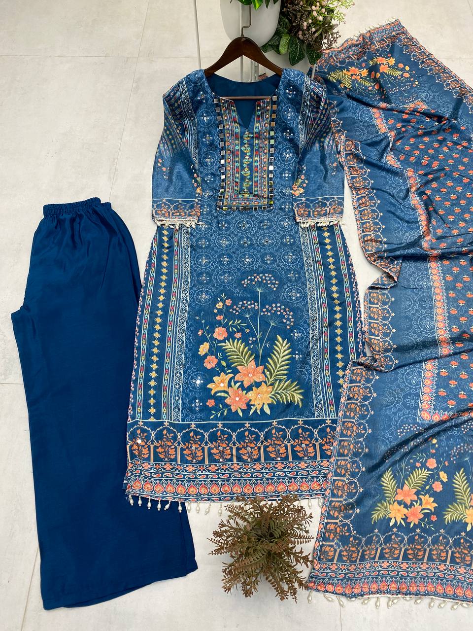 DESIGNER WEAR PRINTED TOP WITH PANT PAIR IN REAL MIRROR AND DIAMOND WORK