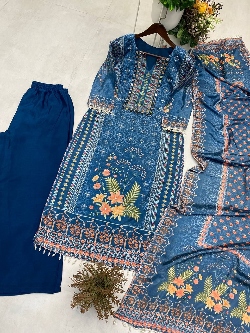 DESIGNER WEAR PRINTED TOP WITH PANT PAIR IN REAL MIRROR AND DIAMOND WORK