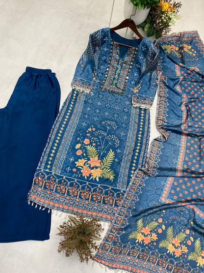 DESIGNER WEAR PRINTED TOP WITH PANT PAIR IN REAL MIRROR AND DIAMOND WORK