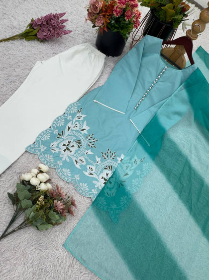 Designer Collection In Heavy Georgette Top-Bottom And Dupatta Set Fully Stitched Ready To WeaR
