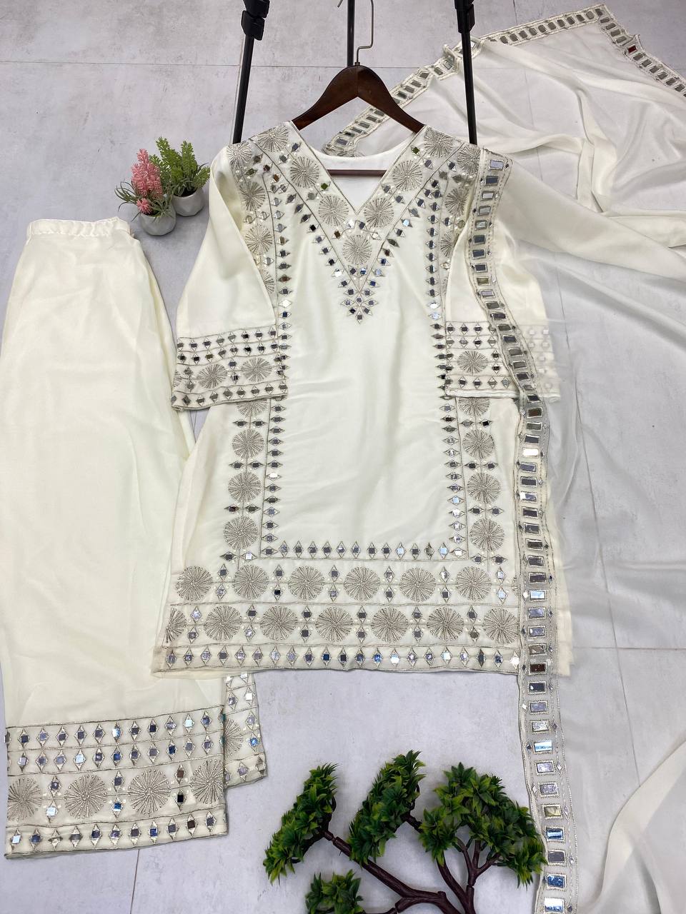 3 PIECE PLAZZO PAIR WITH   DUPATTA IN EMBROIDERY AND REAL MIRROR WORK  single available wholesale