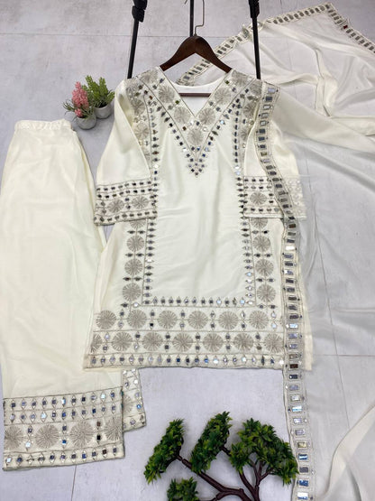 3 PIECE PLAZZO PAIR WITH   DUPATTA IN EMBROIDERY AND REAL MIRROR WORK  single available wholesale