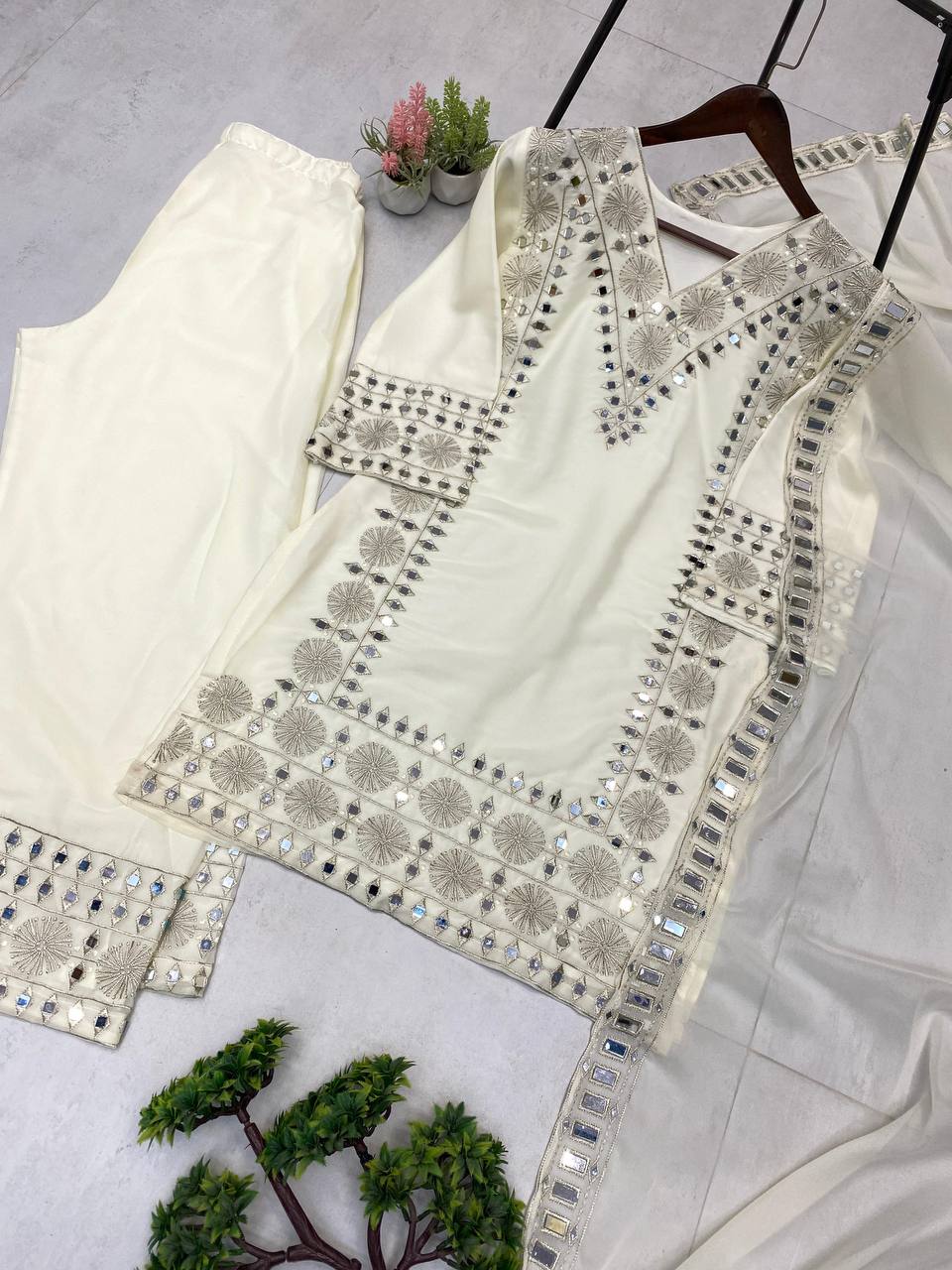 3 PIECE PLAZZO PAIR WITH   DUPATTA IN EMBROIDERY AND REAL MIRROR WORK  single available wholesale