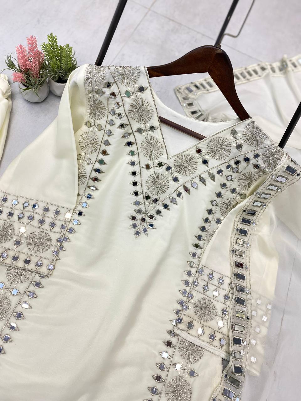 3 PIECE PLAZZO PAIR WITH   DUPATTA IN EMBROIDERY AND REAL MIRROR WORK  single available wholesale