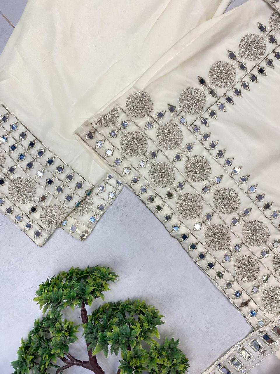 3 PIECE PLAZZO PAIR WITH   DUPATTA IN EMBROIDERY AND REAL MIRROR WORK  single available wholesale