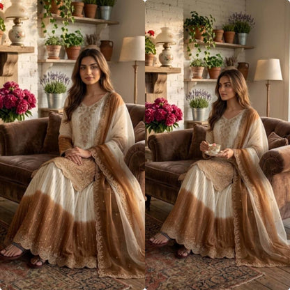 Đěsigner Party Wear Look Pur Heavy Dual Tone Peding Star Georgette Top Plazzo & Dupatta Set