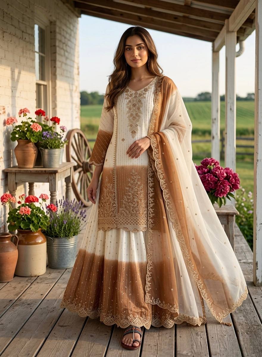 Đěsigner Party Wear Look Pur Heavy Dual Tone Peding Star Georgette Top Plazzo & Dupatta Set