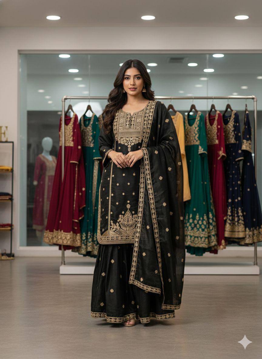 EXCLUSIVE AND TRENDY FOR WEDDING SEASON OUR CORDING SEQUENCE EMBROIDERED TOP, SARARA AND DUPATTA