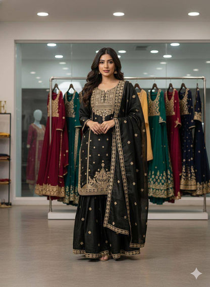 EXCLUSIVE AND TRENDY FOR WEDDING SEASON OUR CORDING SEQUENCE EMBROIDERED TOP, SARARA AND DUPATTA
