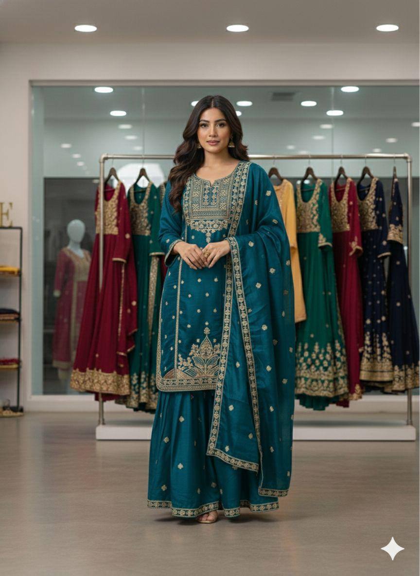EXCLUSIVE AND TRENDY FOR WEDDING SEASON OUR CORDING SEQUENCE EMBROIDERED TOP, SARARA AND DUPATTA