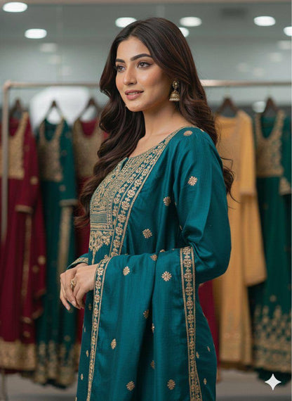 EXCLUSIVE AND TRENDY FOR WEDDING SEASON OUR CORDING SEQUENCE EMBROIDERED TOP, SARARA AND DUPATTA
