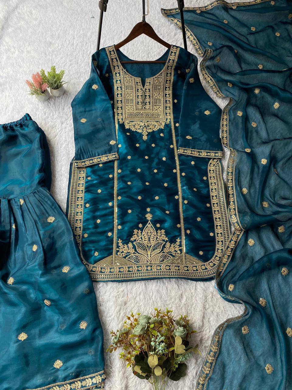 EXCLUSIVE AND TRENDY FOR WEDDING SEASON OUR CORDING SEQUENCE EMBROIDERED TOP, SARARA AND DUPATTA
