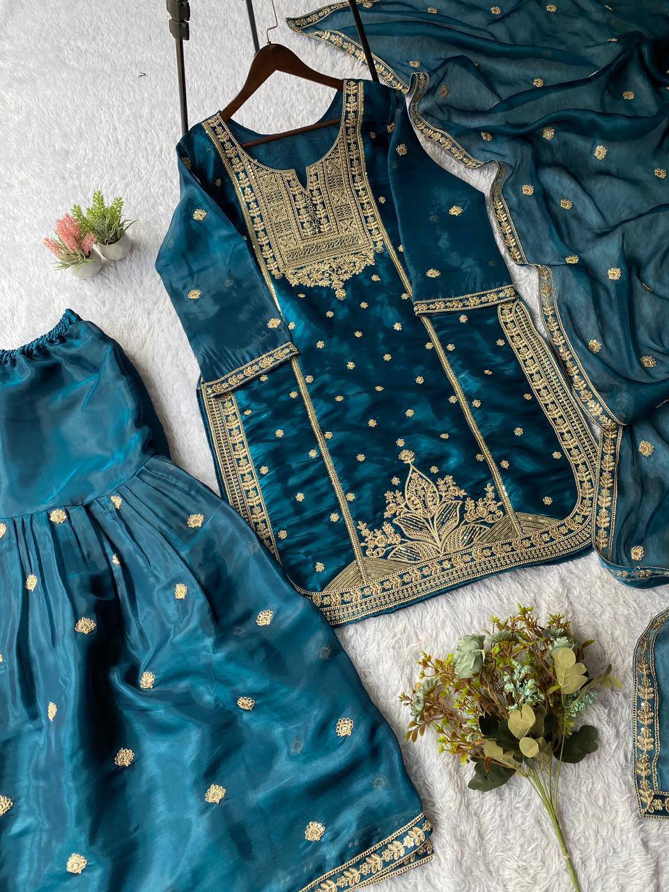 EXCLUSIVE AND TRENDY FOR WEDDING SEASON OUR CORDING SEQUENCE EMBROIDERED TOP, SARARA AND DUPATTA
