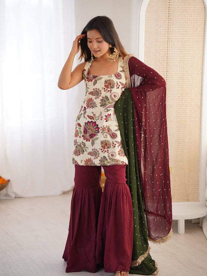 3 PIECES KURTI, SHARARA & DUPATTA WITH EMBROIDERY WORK