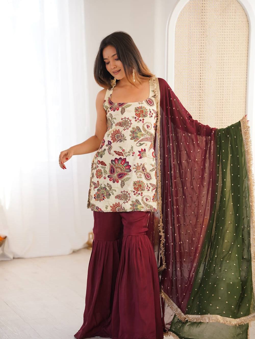 3 PIECES KURTI, SHARARA & DUPATTA WITH EMBROIDERY WORK