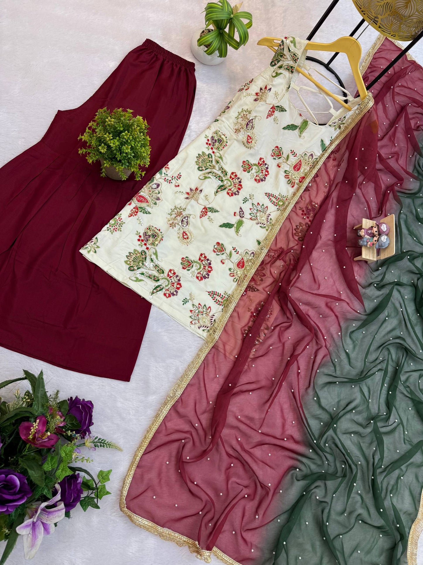 3 PIECES KURTI, SHARARA & DUPATTA WITH EMBROIDERY WORK