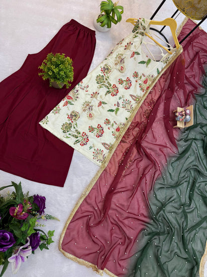 3 PIECES KURTI, SHARARA & DUPATTA WITH EMBROIDERY WORK