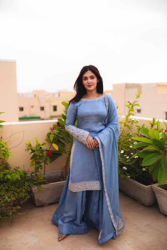 New Designer Party Wear Look Top-Plazzo and Dupatta With Heavy Embroidery Work