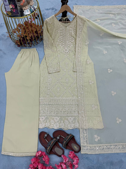 Đěsigner Party Wear Look Pur Heavy Faux Georgette Top Plazzo & Dupatta Set