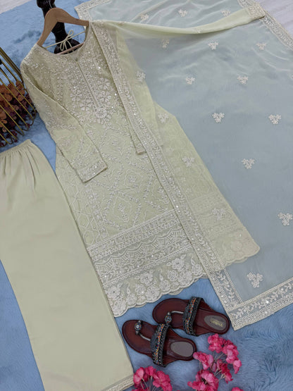 Đěsigner Party Wear Look Pur Heavy Faux Georgette Top Plazzo & Dupatta Set