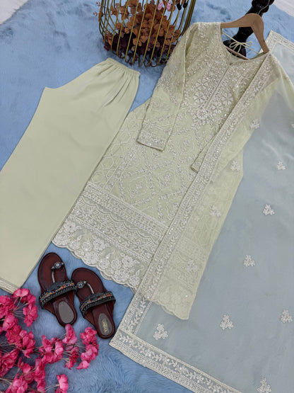 Đěsigner Party Wear Look Pur Heavy Faux Georgette Top Plazzo & Dupatta Set