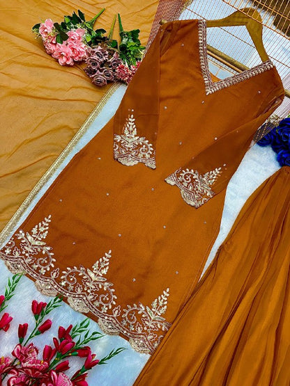 ĐĚSIGNER PARTY WEAR TOP AND PLAZZO. WITH FANCY DUPPATA AND EMBROIDERY WORK*