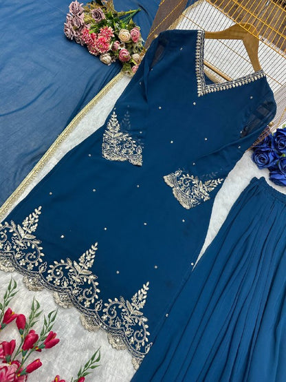 ĐĚSIGNER PARTY WEAR TOP AND PLAZZO. WITH FANCY DUPPATA AND EMBROIDERY WORK*