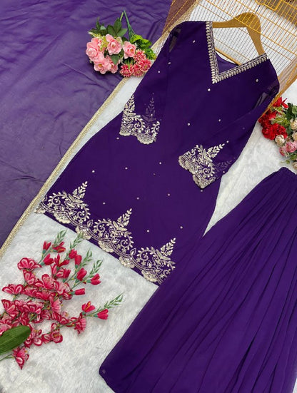 ĐĚSIGNER PARTY WEAR TOP AND PLAZZO. WITH FANCY DUPPATA AND EMBROIDERY WORK*