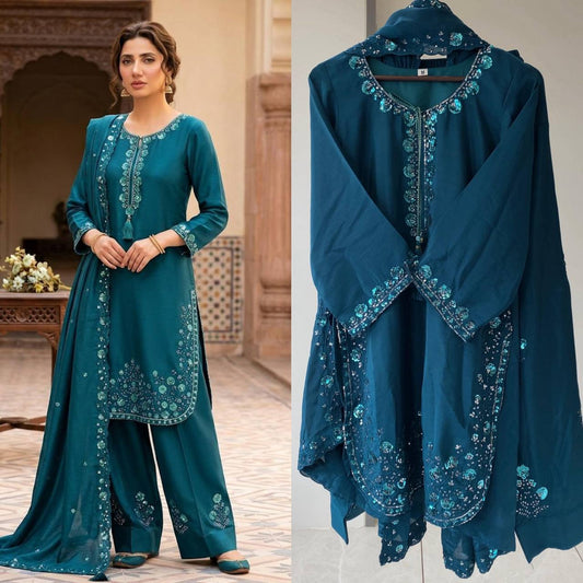 THIS WEDDING SEASON WEAR OUR THREE PIECE OUTFIT WITH SEQUENCE EMBROIDERED WORKED TOP, FARSI SALWAAR AND DUPATTA