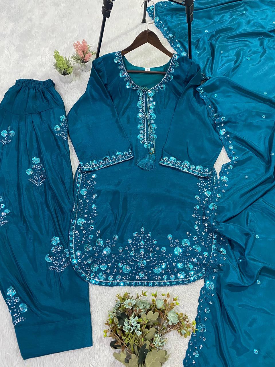 THIS WEDDING SEASON WEAR OUR THREE PIECE OUTFIT WITH SEQUENCE EMBROIDERED WORKED TOP, FARSI SALWAAR AND DUPATTA