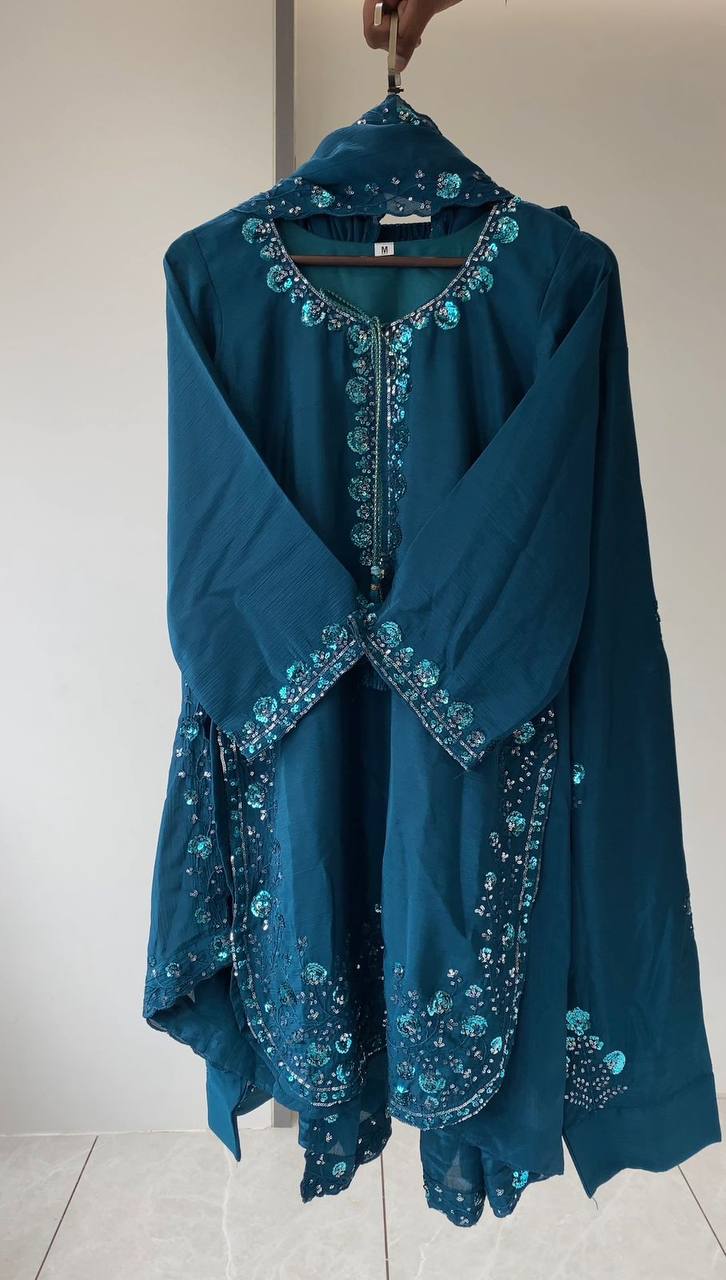 THIS WEDDING SEASON WEAR OUR THREE PIECE OUTFIT WITH SEQUENCE EMBROIDERED WORKED TOP, FARSI SALWAAR AND DUPATTA