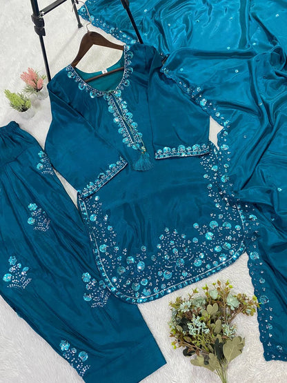 THIS WEDDING SEASON WEAR OUR THREE PIECE OUTFIT WITH SEQUENCE EMBROIDERED WORKED TOP, FARSI SALWAAR AND DUPATTA