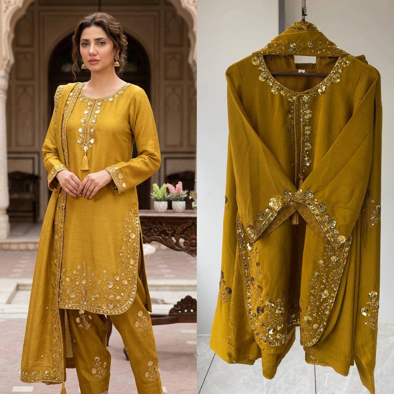 THIS WEDDING SEASON WEAR OUR THREE PIECE OUTFIT WITH SEQUENCE EMBROIDERED WORKED TOP, FARSI SALWAAR AND DUPATTA