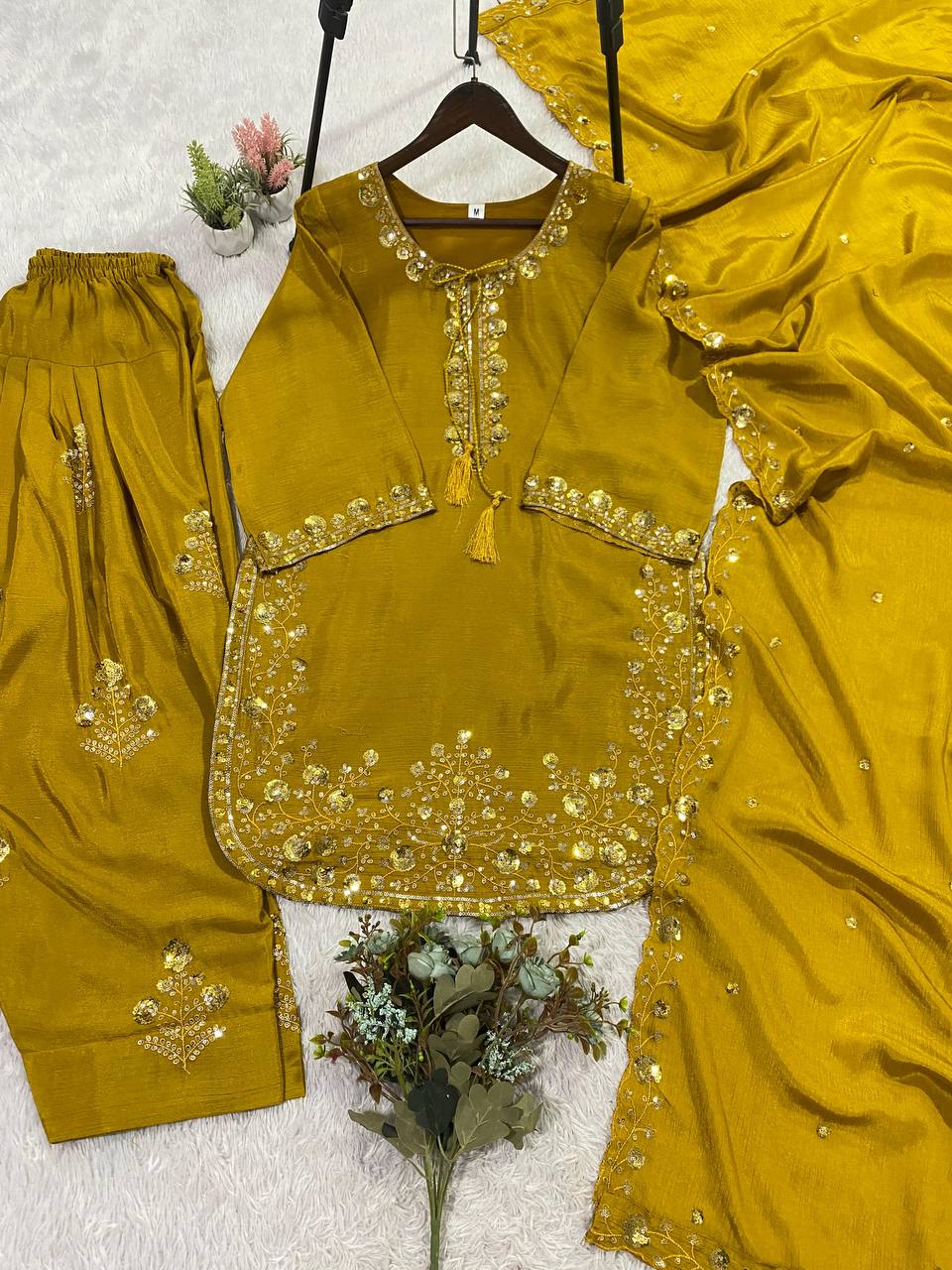 THIS WEDDING SEASON WEAR OUR THREE PIECE OUTFIT WITH SEQUENCE EMBROIDERED WORKED TOP, FARSI SALWAAR AND DUPATTA
