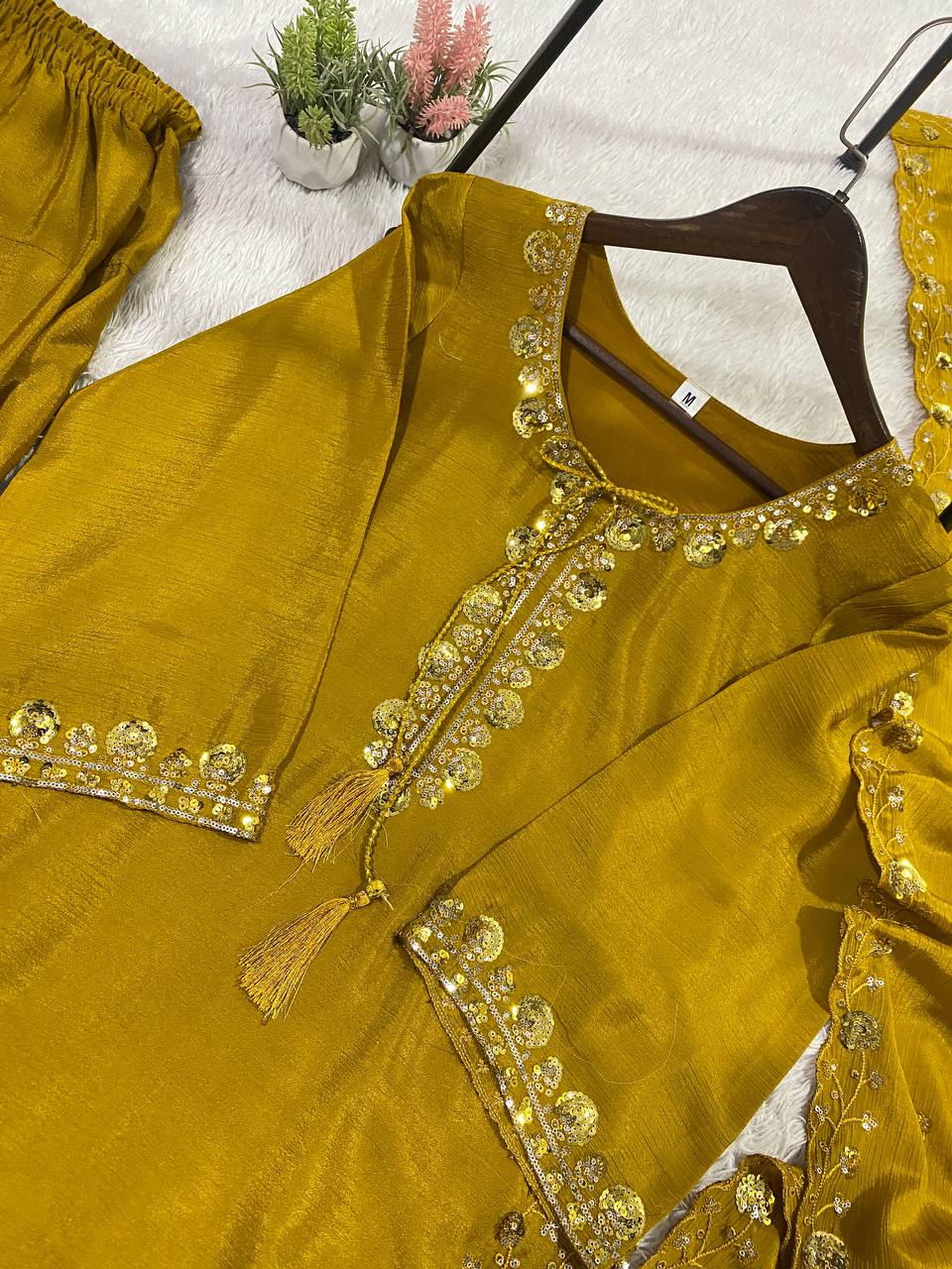 THIS WEDDING SEASON WEAR OUR THREE PIECE OUTFIT WITH SEQUENCE EMBROIDERED WORKED TOP, FARSI SALWAAR AND DUPATTA
