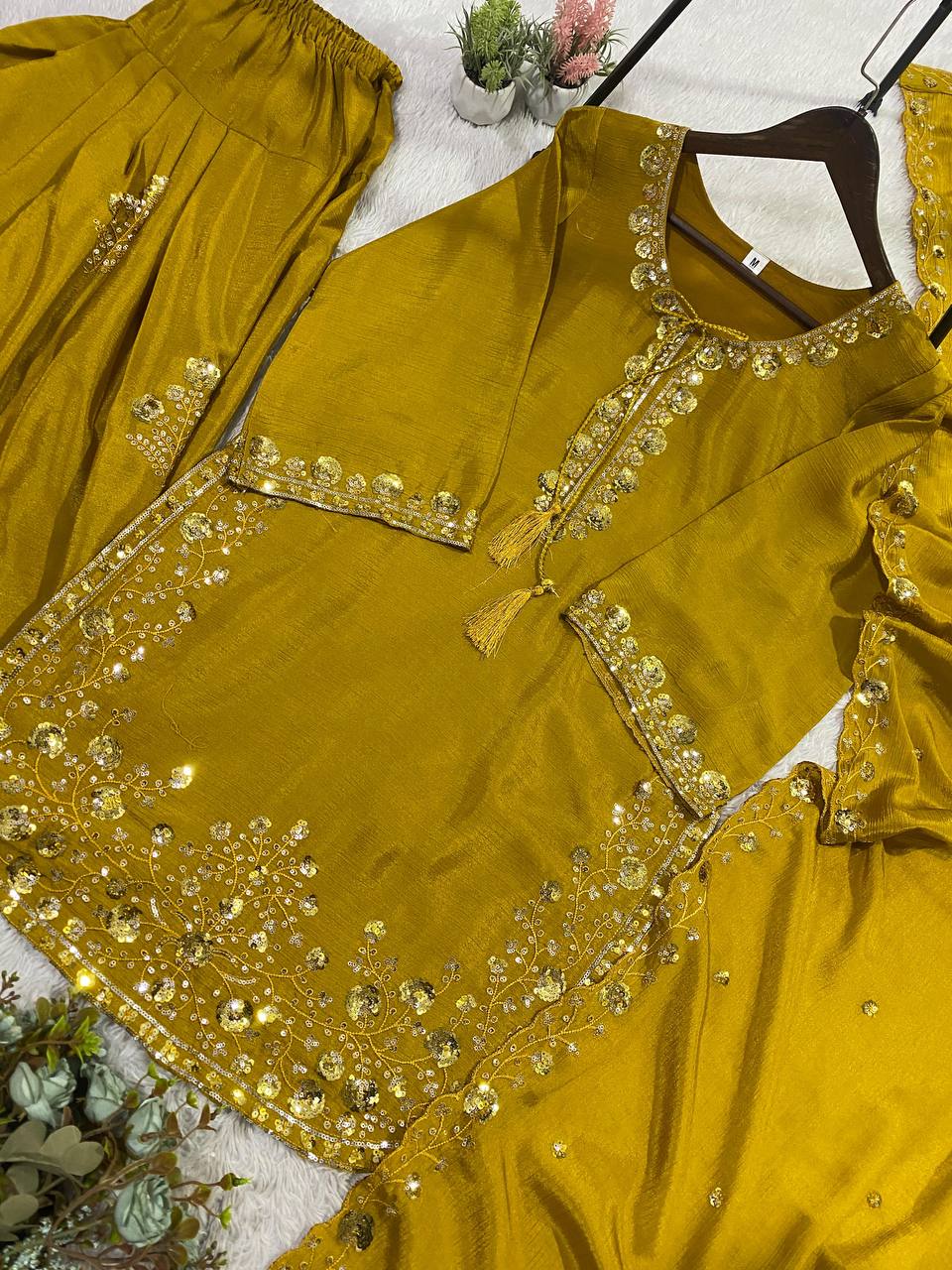 THIS WEDDING SEASON WEAR OUR THREE PIECE OUTFIT WITH SEQUENCE EMBROIDERED WORKED TOP, FARSI SALWAAR AND DUPATTA