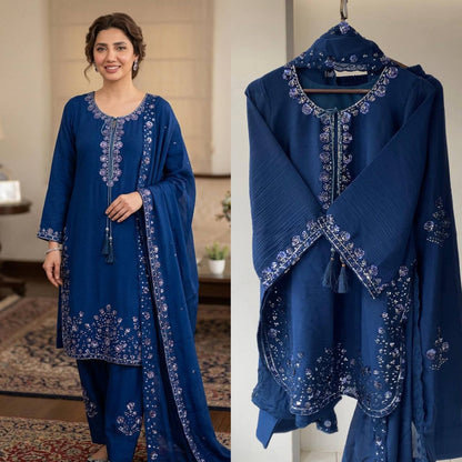 THIS WEDDING SEASON WEAR OUR THREE PIECE OUTFIT WITH SEQUENCE EMBROIDERED WORKED TOP, FARSI SALWAAR AND DUPATTA