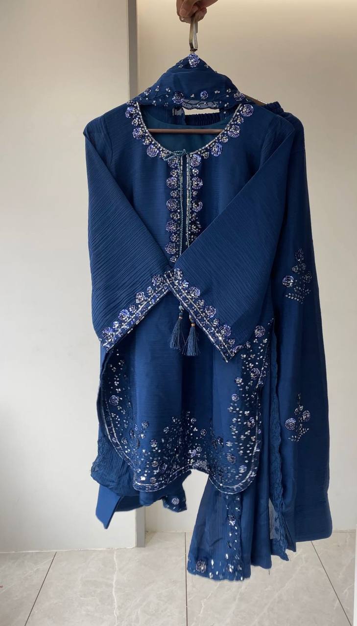 THIS WEDDING SEASON WEAR OUR THREE PIECE OUTFIT WITH SEQUENCE EMBROIDERED WORKED TOP, FARSI SALWAAR AND DUPATTA