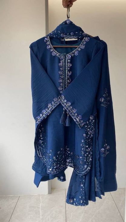 THIS WEDDING SEASON WEAR OUR THREE PIECE OUTFIT WITH SEQUENCE EMBROIDERED WORKED TOP, FARSI SALWAAR AND DUPATTA
