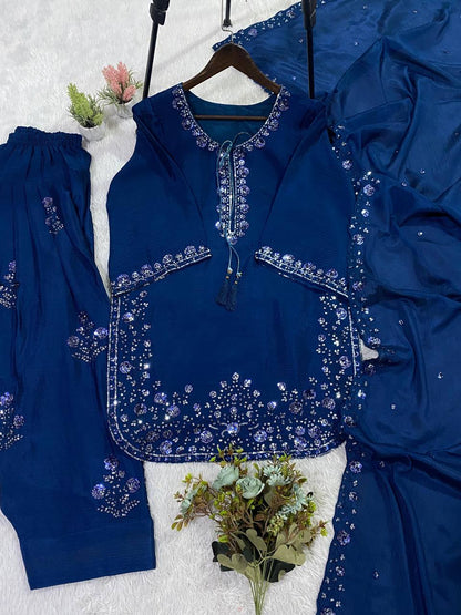 THIS WEDDING SEASON WEAR OUR THREE PIECE OUTFIT WITH SEQUENCE EMBROIDERED WORKED TOP, FARSI SALWAAR AND DUPATTA